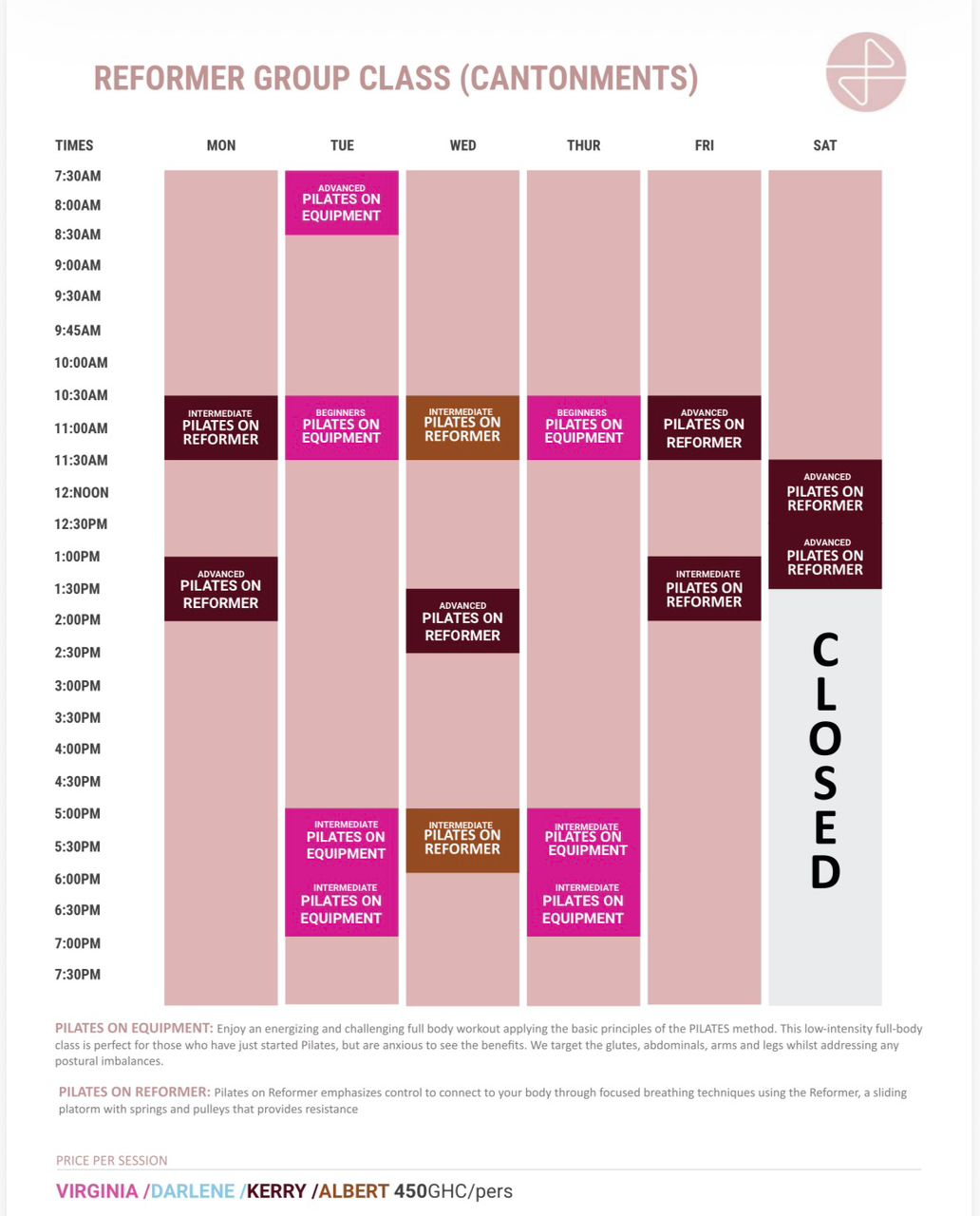 Scheduled calendar for Mat and Yoga classes